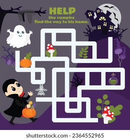 El juego del laberinto para los niños Ayuda al niño vampiro a encontrar un hogar. Un juego de Halloween con un lindo personaje. Hoja de trabajo para jardines de infancia y escuelas.