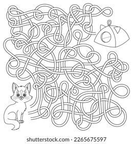 Labyrinth game for children. Kids maze puzzle with cartoon cat. Riddle Find way cute kitten to cat house. Education activity page. Coloring book. Vector contour illustration on white background.