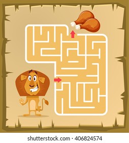 Labyrinth game for children with lion. Vector cartoon illustration