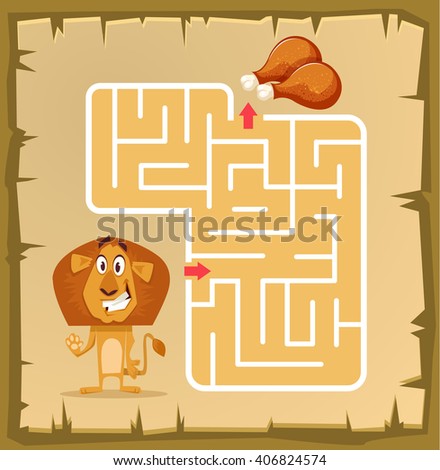 Labyrinth game for children with lion. Vector cartoon illustration