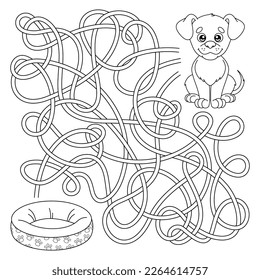 Labyrinth game for children. Maze puzzle for preschool and school kids. Help cute puppy find the right path to dog bed. Coloring page outline of cartoon dog. Vector illustration on white background.