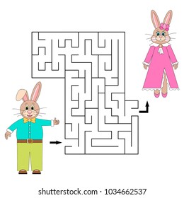 Labyrinth game for children with rabbits. Vector cartoon illustration