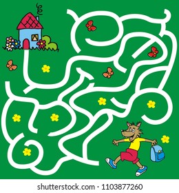Labyrinth, game for children, wolf go to the house, find the right path, vector icon