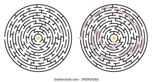 Labyrinth game. Circle maze puzzle. Find the right way, path or solution. Vector illustration.