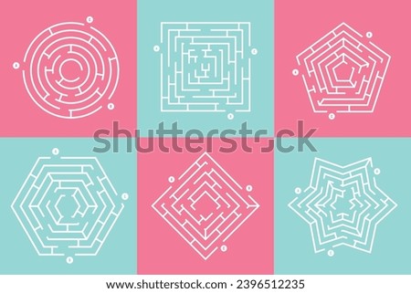 Labyrinth game collection. Maze conundrum icons. Find right way, kids labyrinth game