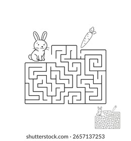 Laberinto juego para el desarrollo de la atención de los niños en edad preescolar. Coloración simple y útil. Ayuda al conejo a encontrar el camino correcto hacia la zanahoria. Ilustración vectorial.