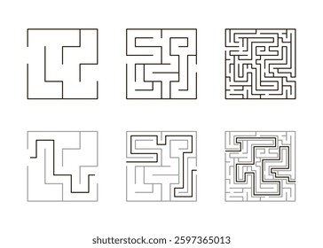 Labyrinth game different levels, logic challenge to navigate its twisting paths. Kids maze, strategy, problem-solving. Square maze with ready solution. Vector illustration on white background
