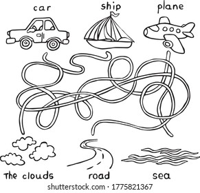 El juego del laberinto encuentra el coloreado de la carretera ilustración de los vectores en blanco y negro con máquina, barco, avión, mar, nubes, carretera.Ilustración vectorial para la terapia de arte, coloreado, para tarjetas de felicitación