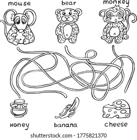 Labyrinth game find the road coloring book black white vector illustration with animals monkey, bear, mouse. Vector illustration for art therapy, coloring, for greeting cards, posters, stickers,design