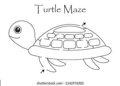 Labyrinth game, find a way out of the maze, middle level for toddlers, cartoon turtle, preschool worksheet activity for kids, task for the development of logical thinking, vector illustration
