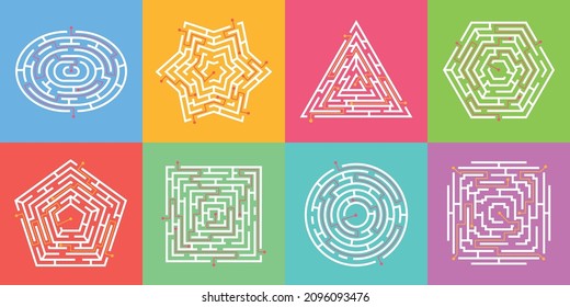 Labyrinth game, finding way puzzle mazes, round maze. Simple labyrinths in various shapes, logic find path games for children vector set. Making choice to find exit, exercising brain