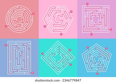 Labyrinth game graphic. Maze simple puzzle with different destinations. Find your way, finding exit out circle square labyrinths decent vector set