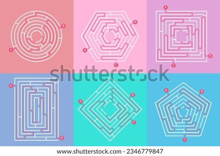 Labyrinth game graphic. Maze simple puzzle with different destinations. Find your way, finding exit out circle square labyrinths decent vector set