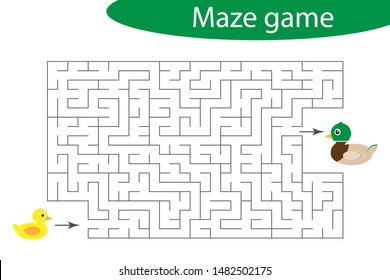 Labyrinth game, help the duckling to find a way out of the maze, cute cartoon character, preschool worksheet activity for kids, task for the development of logical thinking, vector illustration