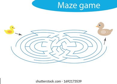 Labyrinth game, help the duckling to find a way out of the maze, cute cartoon character, preschool worksheet activity for kids, task for the development of logical thinking, vector illustration