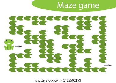 Labyrinth game, help the frog to find a way out of the maze, cute cartoon character, preschool worksheet activity for kids, task for the development of logical thinking, vector illustration