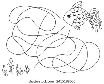 Labyrinth game for kids with little fish. Vector doodle illustration