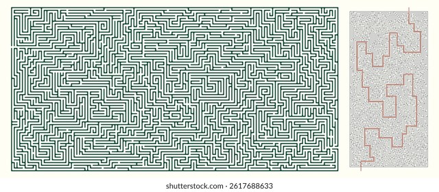Labyrinth game, large size and complex design. Labyrinth (brain game) vector graphic. Maze (labyrinth) with solution.
