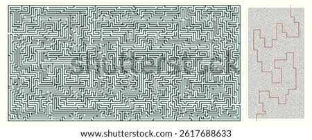 Labyrinth game, large size and complex design. Labyrinth (brain game) vector graphic. Maze (labyrinth) with solution.
