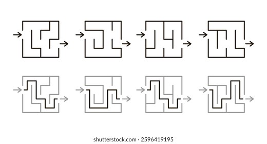 Labyrinth game, logic challenge to navigate its twisting paths. Kids maze, strategy, problem-solving. Square maze with ready solution. Vector illustration on white background