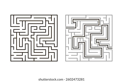 Labyrinth game, logic challenge to navigate its twisting paths. Kids maze, strategy, problem-solving. Square maze. Vector illustration on white background