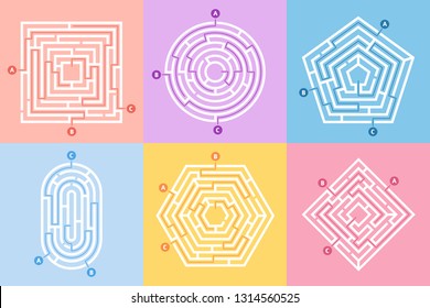 Labyrinth game. Maze conundrum, labyrinth way rebus and many entrance riddle. Arcade labyrinths games, right or wrong paths and doors entrance leisure challenge. Vector concept illustration set