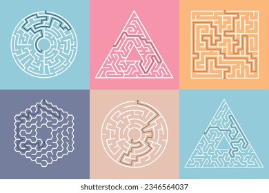 Labyrinth game. Maze conundrum, labyrinth way rebus and many entrance riddle. Arcade labyrinths games, right or wrong paths and doors entrance leisure challenge. Vector concept illustration set