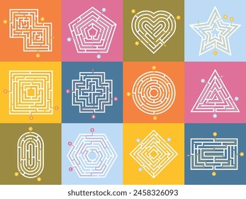 Labyrinth game. Maze conundrum, labyrinth way rebus and many entrance riddle. Vector of maze and puzzle, way exit conundrum, search entrance, riddle shape, square illustration