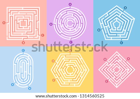 Labyrinth game. Maze conundrum, labyrinth way rebus and many entrance riddle. Arcade labyrinths games, right or wrong paths and doors entrance leisure challenge. Vector concept illustration set