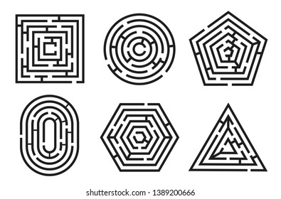 Labyrinth game and maze fun puzzle set. Solution finding and riddle, difficult task to solve. Vector line art maze illustration