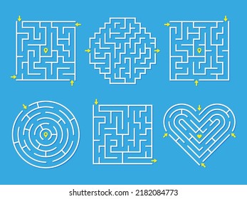 Labyrinth game. Maze games with goal and ways. Puzzle paper plays. Find right paths or exit. Business or mental problems solution metaphor, tidy vector location