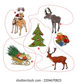 Labyrinth or labyrinth game for preschool children. Puzzle. Tangled road. Christmas trees, Animals in New Year's clothes as a blank for designers