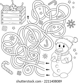 Labyrinth or labyrinth game. Puzzle for children. Cartoon snowman and box with Christmas toys. Coloring book for children.