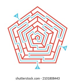 Labyrinth game red scheme in pentagon shape with marked ways flat vector illustration