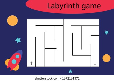 Labyrinth game with rocket, fun education worksheet for kids, preschool activity for children, maze task for the development of logical thinking, vector illustration