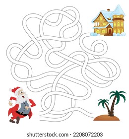 Labyrinth game Santa Claus goes home. New Year. Christmas. Puzzle game for a children's book. Vector flat illustration.