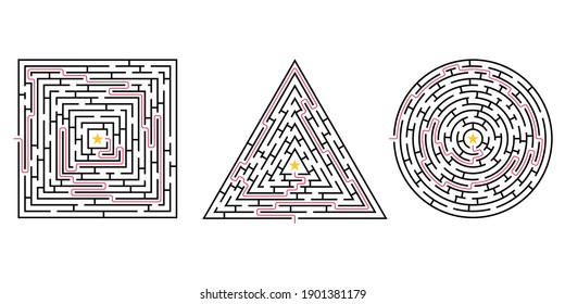 Labyrinth game set. Square, triangle and circle maze puzzles. Find the right way, path or solution. Vector illustration.