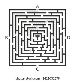 Labyrinth game. Square Maze. Find the way game. Exit and entrance puzzle. Vector illustration. 