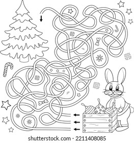 Labyrinth or labyrinth game. Tangled road. Puzzle. Cartoon hare and christmas tree.