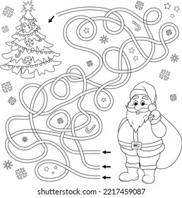 Juego laberíntico o laberíntico. Camino enmarañado. Rompecabezas. Santa Claus con una bolsa de regalos y un árbol de Navidad.