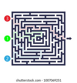 Labyrinth game. Three entrance, one exit and one right way to go. But many paths to deadlock. Vector illustration. Eps 10.