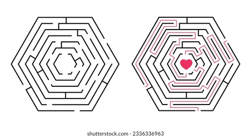 El juego laberíntico, encontrar maneras de amar. Nuevo descubrimiento de ideas, rompecabezas de laberinto creativo con 3 caminos. Juego infantil, solución de búsqueda concepto vector decente
