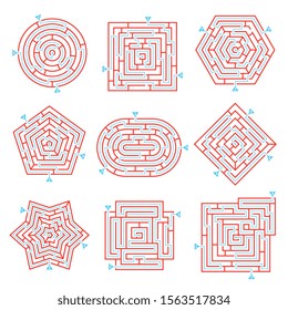 Labyrinth game way rebus set with isolated maze images on blank background with solution paths marks vector illustration