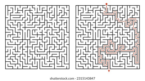 Labyrinth game way. Square maze, simple logic game with labyrinths way. How to find out quiz, finding exit path rebus or logic labyrinth challenge isolated vector illustration