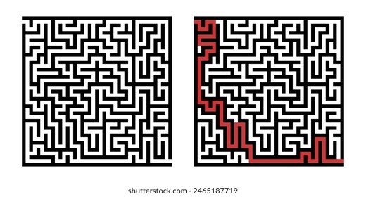 Labyrinth game way. Square maze, simple logic game with labyrinths way. How to find out quiz, finding exit path rebus or logic labyrinth challenge isolated vector illustration