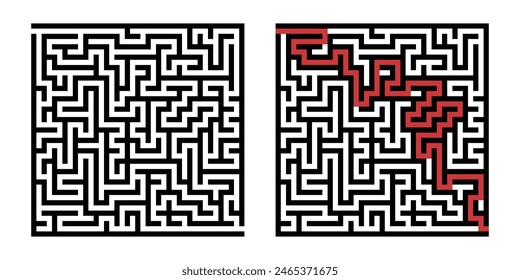 Labyrinth game way. Square maze, simple logic game with labyrinths way. How to find out quiz, finding exit path rebus or logic labyrinth challenge isolated vector illustration