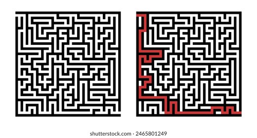 Labyrinth game way. Square maze, simple logic game with labyrinths way. How to find out quiz, finding exit path rebus or logic labyrinth challenge isolated vector illustration