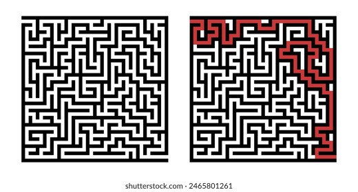 Laberinto a modo de juego. Laberinto cuadrado, simple juego de lógica con laberintos de manera. Cómo encontrar el quiz, encontrar la ruta de salida rebus o el desafío del laberinto lógico Ilustración vectorial aislada