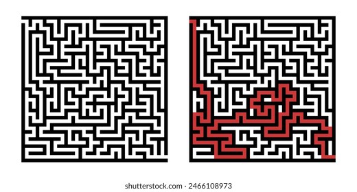 Labyrinth game way. Square maze, simple logic game with labyrinths way. How to find out quiz, finding exit path rebus or logic labyrinth challenge isolated vector illustration