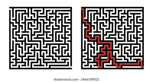 Labyrinth game way. Square maze, simple logic game with labyrinths way. How to find out quiz, finding exit path rebus or logic labyrinth challenge isolated vector illustration